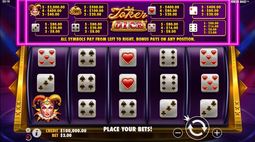 A slot game screen titled Joker Dice with various dice and card suit symbols, a joker icon, and payout values displayed at the top.