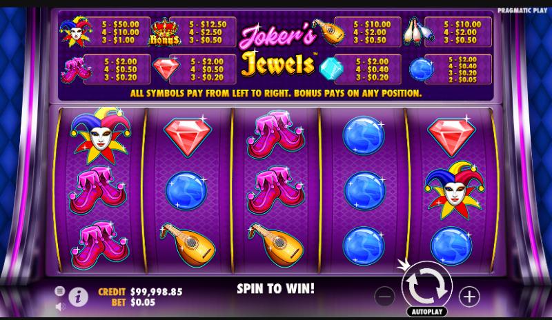 A slot game screen titled Jokers Jewels featuring colorful gems, instruments, and joker symbols, along with payout values at the top.