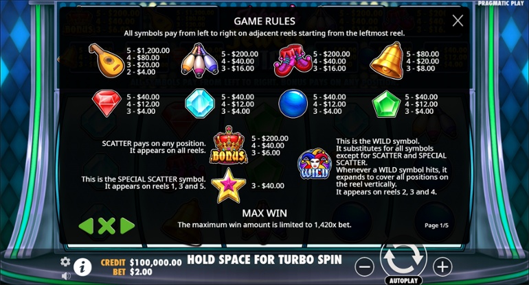 A detailed game rules screen for Joker Jewels, showing symbol payouts, special symbols like wilds and scatters, and a max win limit.